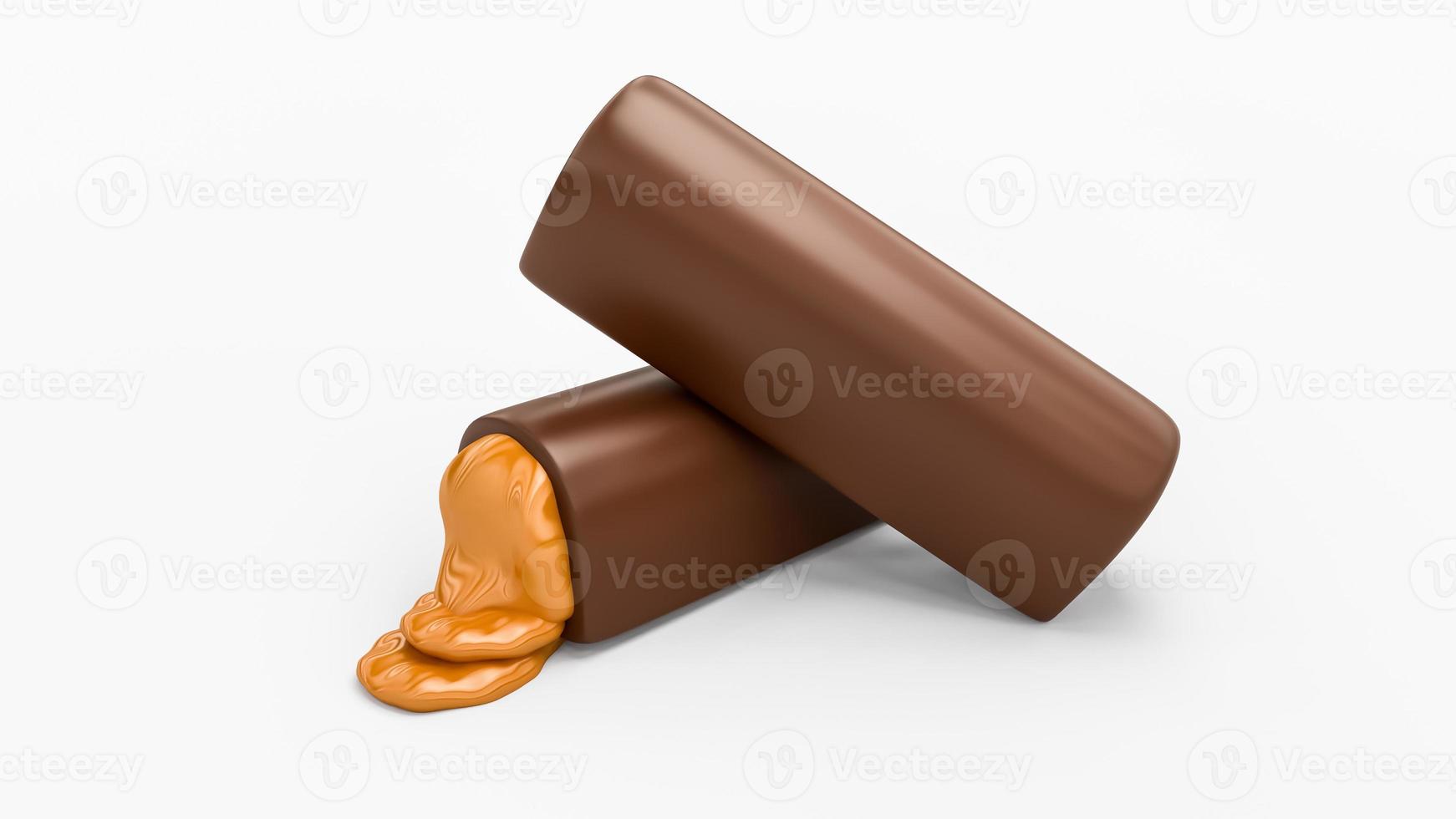 Chocolate bar with Sweet Caramel melting, Chocolate bar broken with caramel filling 3d illustration photo