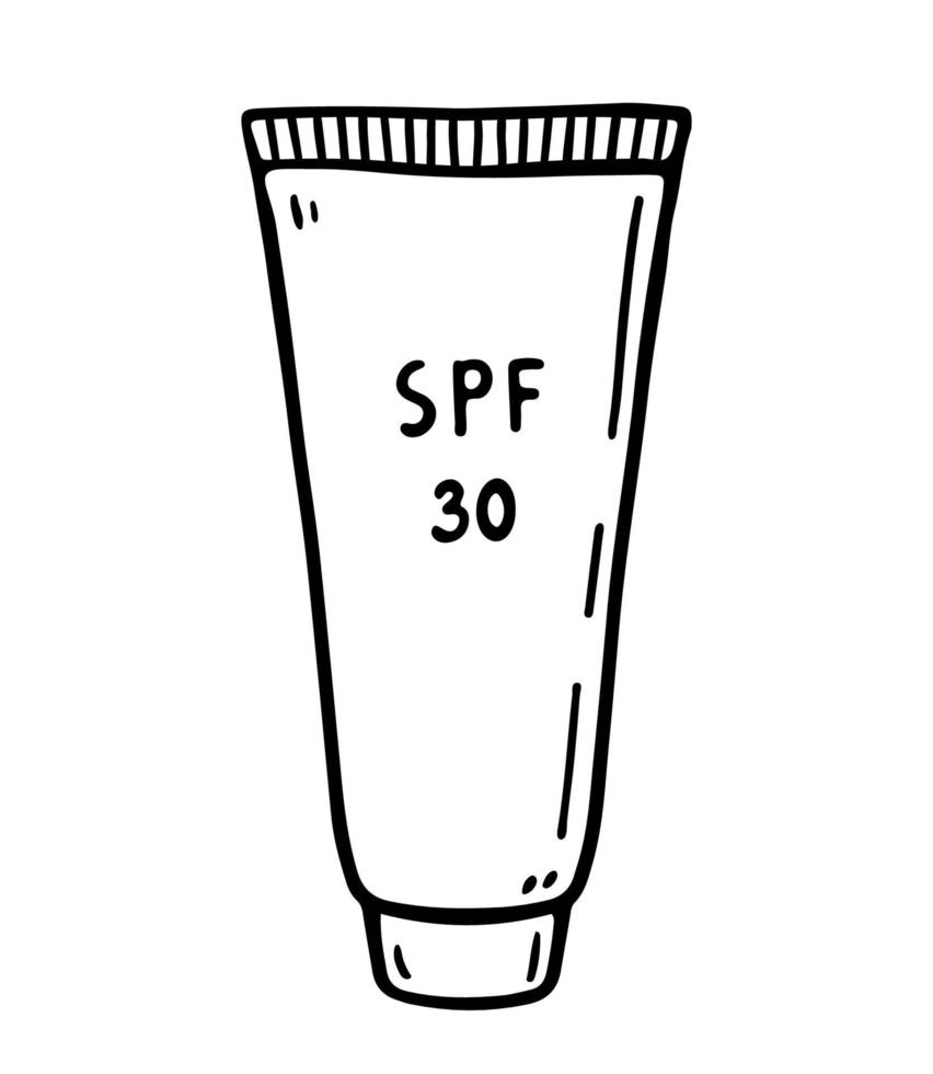 tubo de protector solar aislado sobre fondo blanco. loción 30 spf para protección contra la luz ultravioleta. ilustración vectorial dibujada a mano en estilo garabato. perfecto para su proyecto, tarjeta, decoraciones. vector