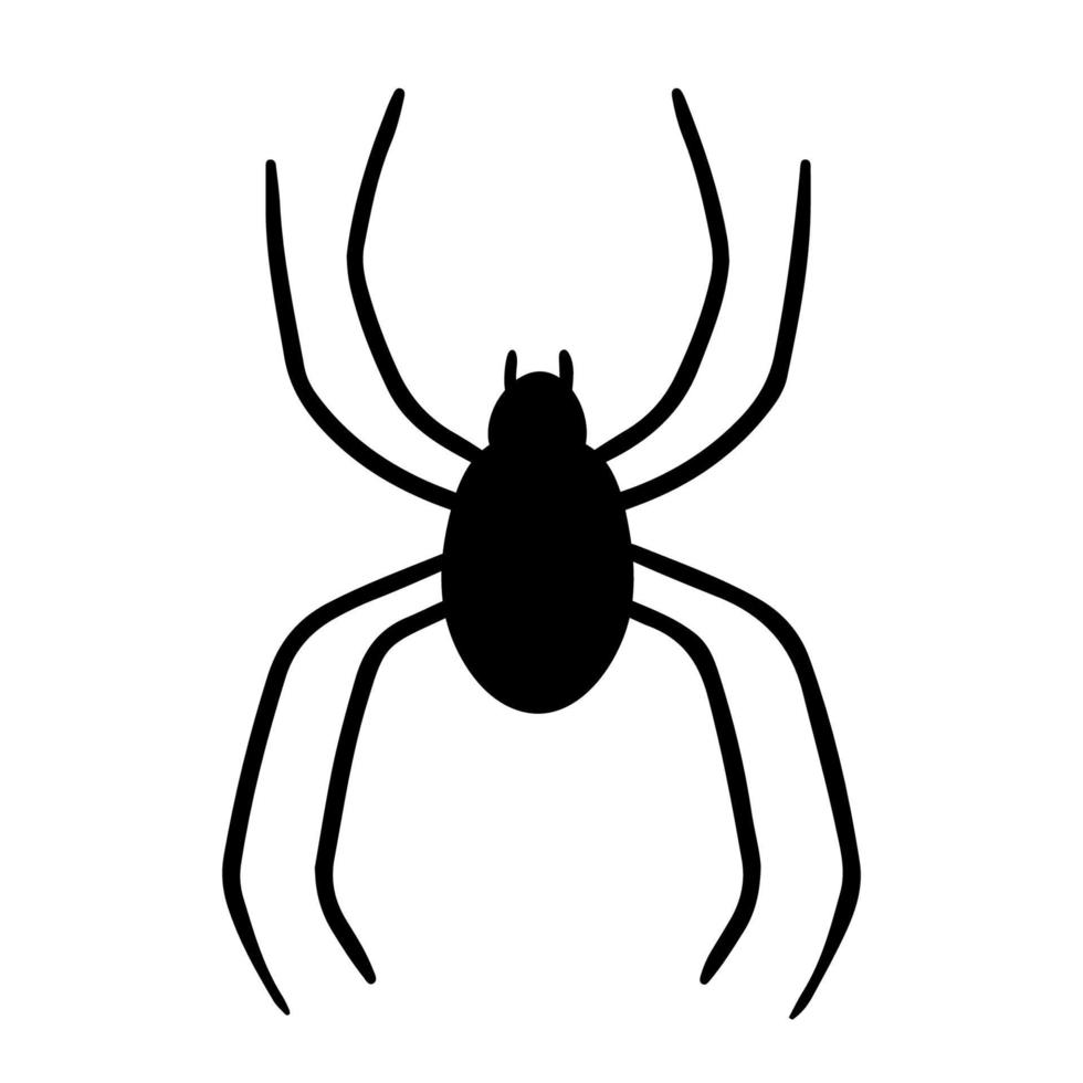 Black silhouette spider isolated on white background. Poisonous and scary insect. Hand-drawn vector illustration in doodle style. Perfect for Halloween designs.