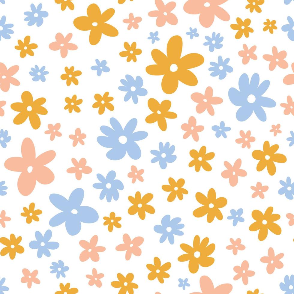 Cute seamless pattern with spring flowers. Vector illustration in hand-drawn flat style. Perfect for print, decorations, wallpaper, wrapping paper, cards. Simple botanical background.