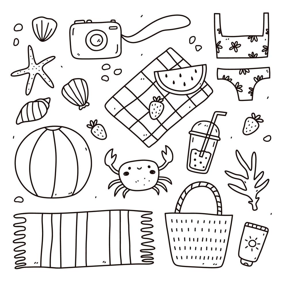 Set of summer doodles - female bikini, wicker bag, towel, sunscreen, beach ball, photo camera, fruits, seashells and others. Vector hand-drawn illustration. Perfect for cards, logo, decorations.