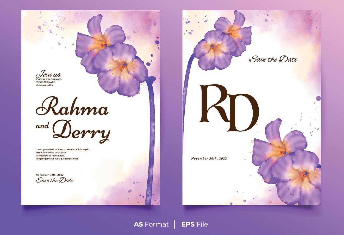 Watercolor wedding invitation template with purple and yellow flower ornament vector