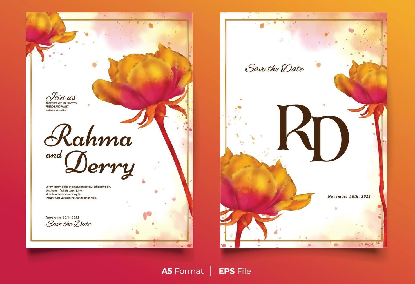 Watercolor wedding invitation template with pink and yellow flower ornament vector