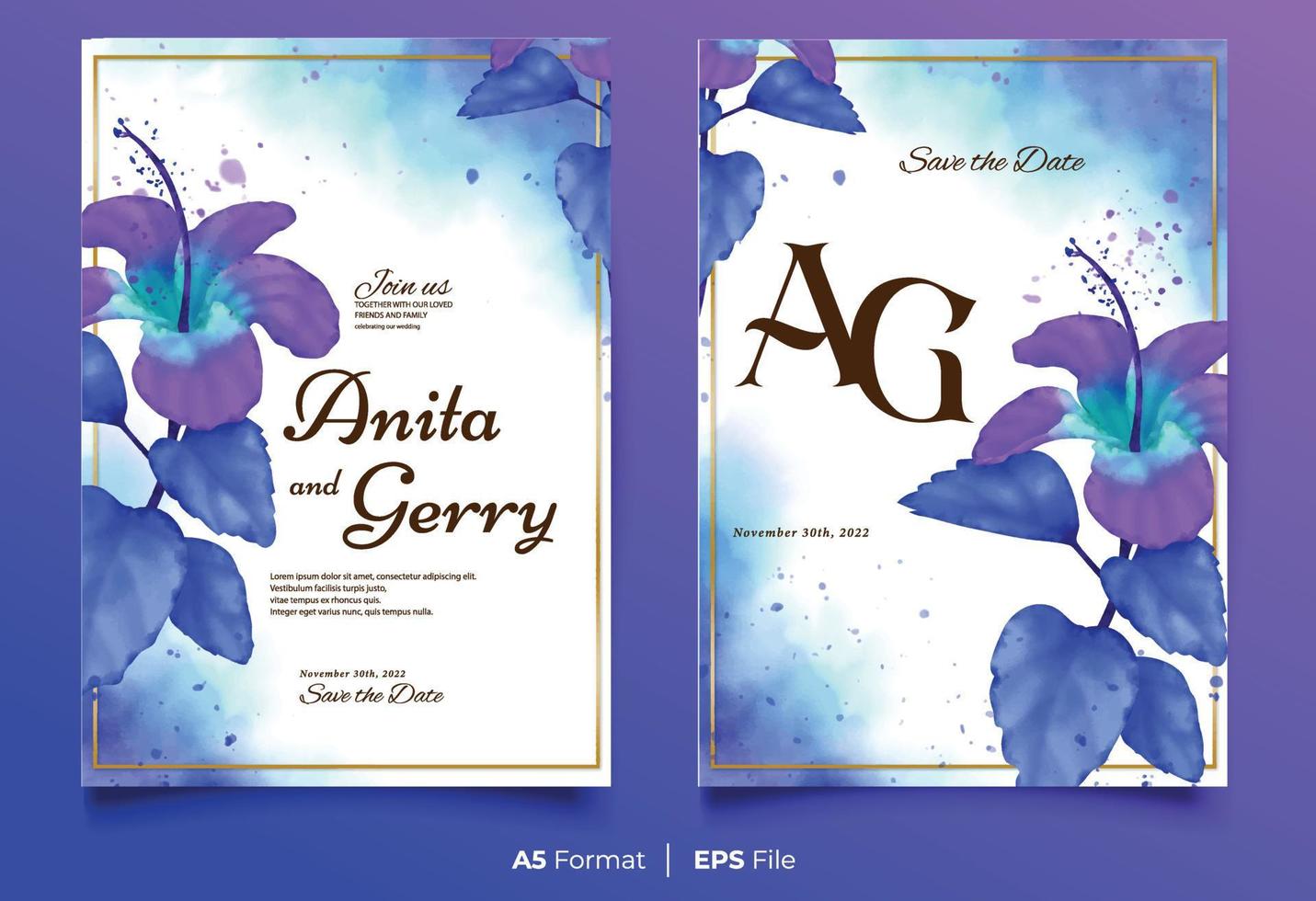 Watercolor wedding invitation template with blue and purple flower ornament vector