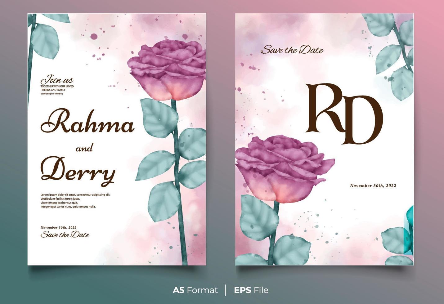 Watercolor wedding invitation template with purple and green flower ornament vector