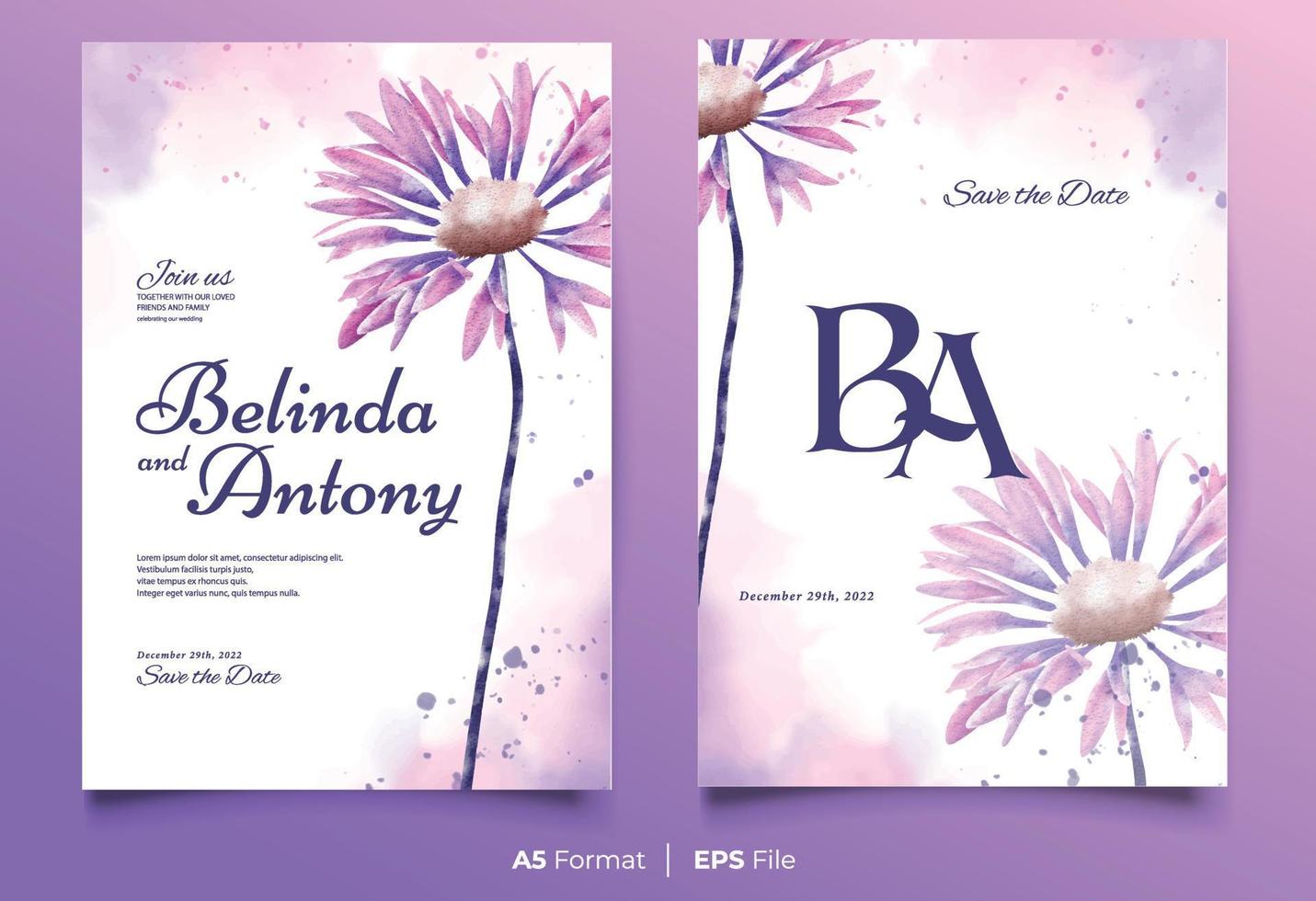 Watercolor wedding invitation template with pink and blue flower ornament vector