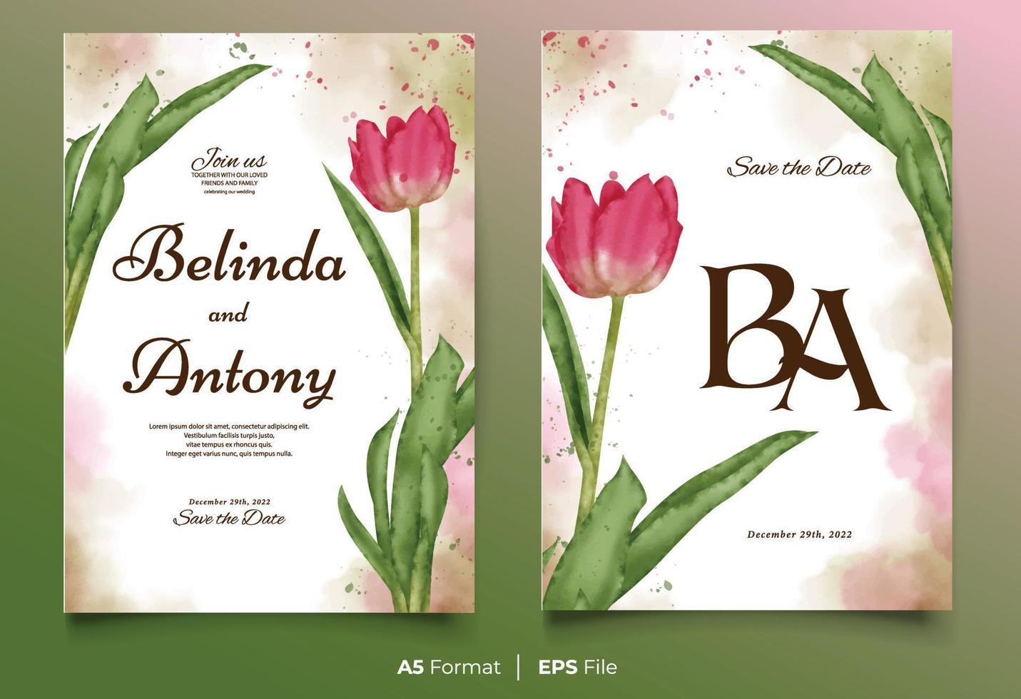 Watercolor wedding invitation template with pink and green flower ornament vector