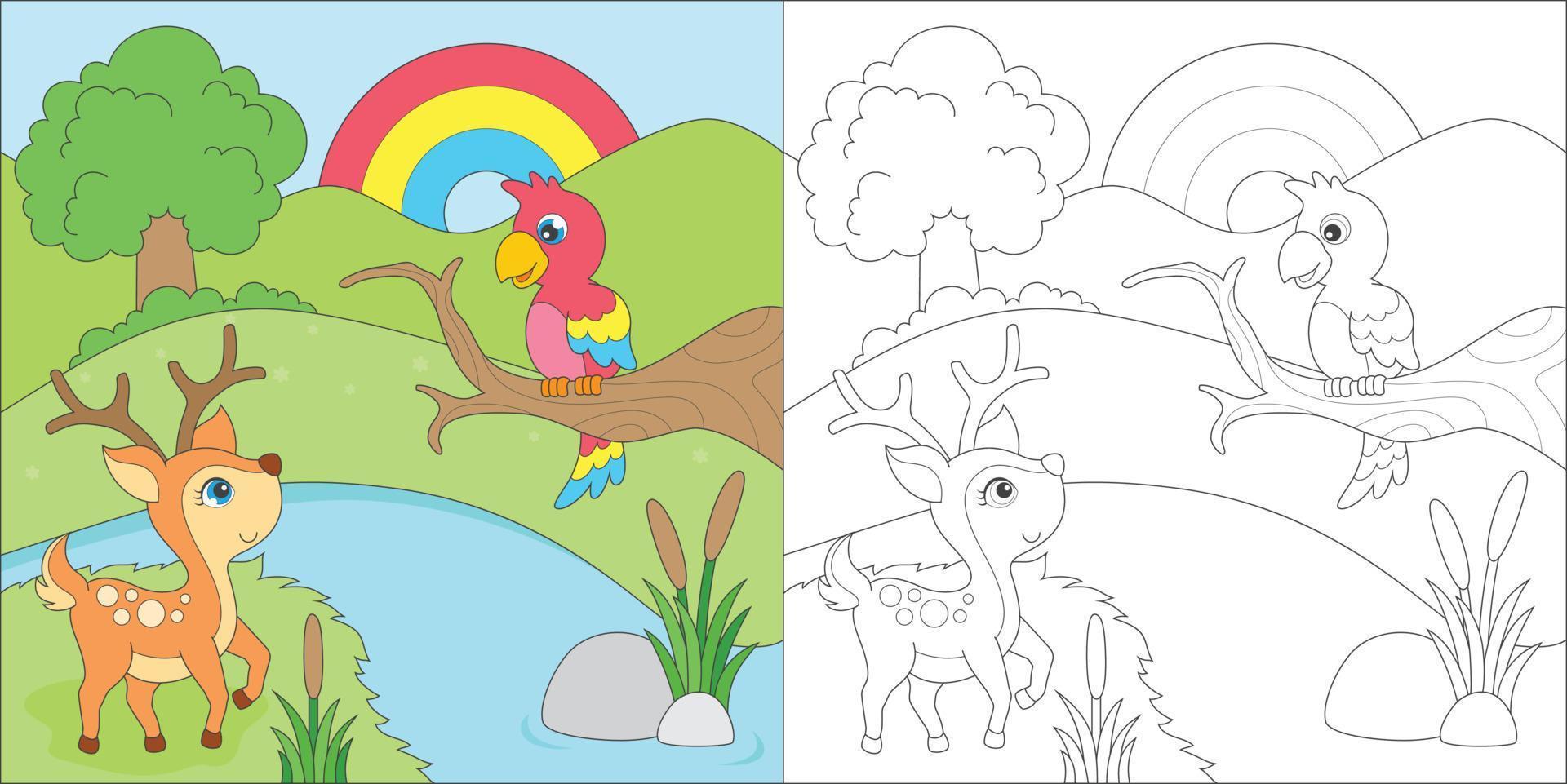 coloring deer and parrot vector