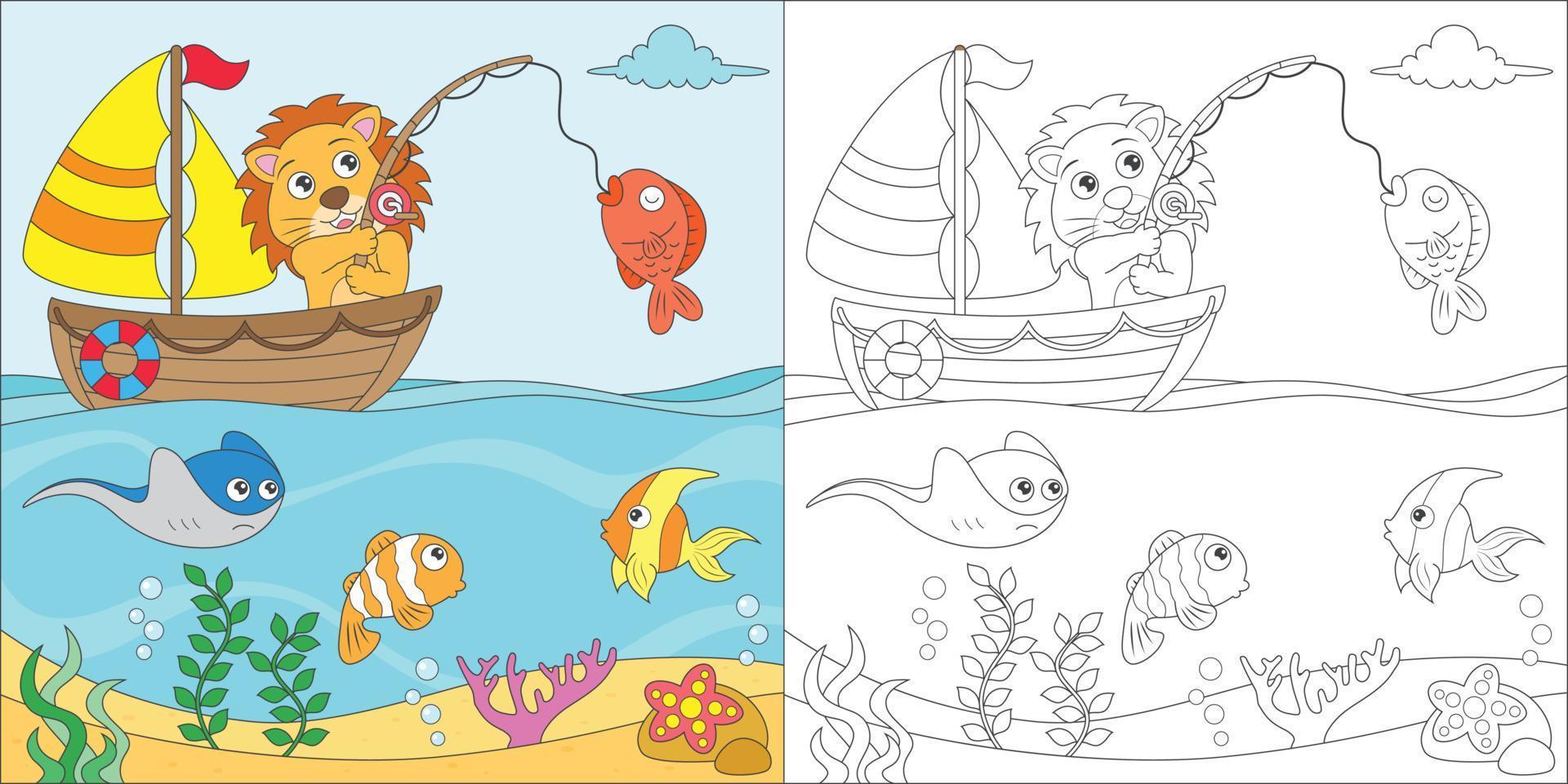 coloring fishing in the sea vector