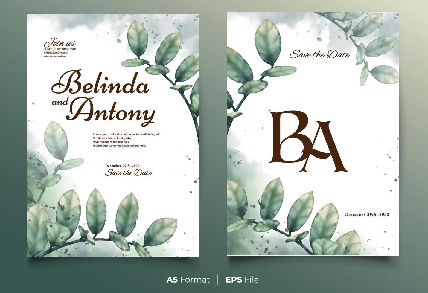 Watercolor wedding invitation template with green leaf ornament vector