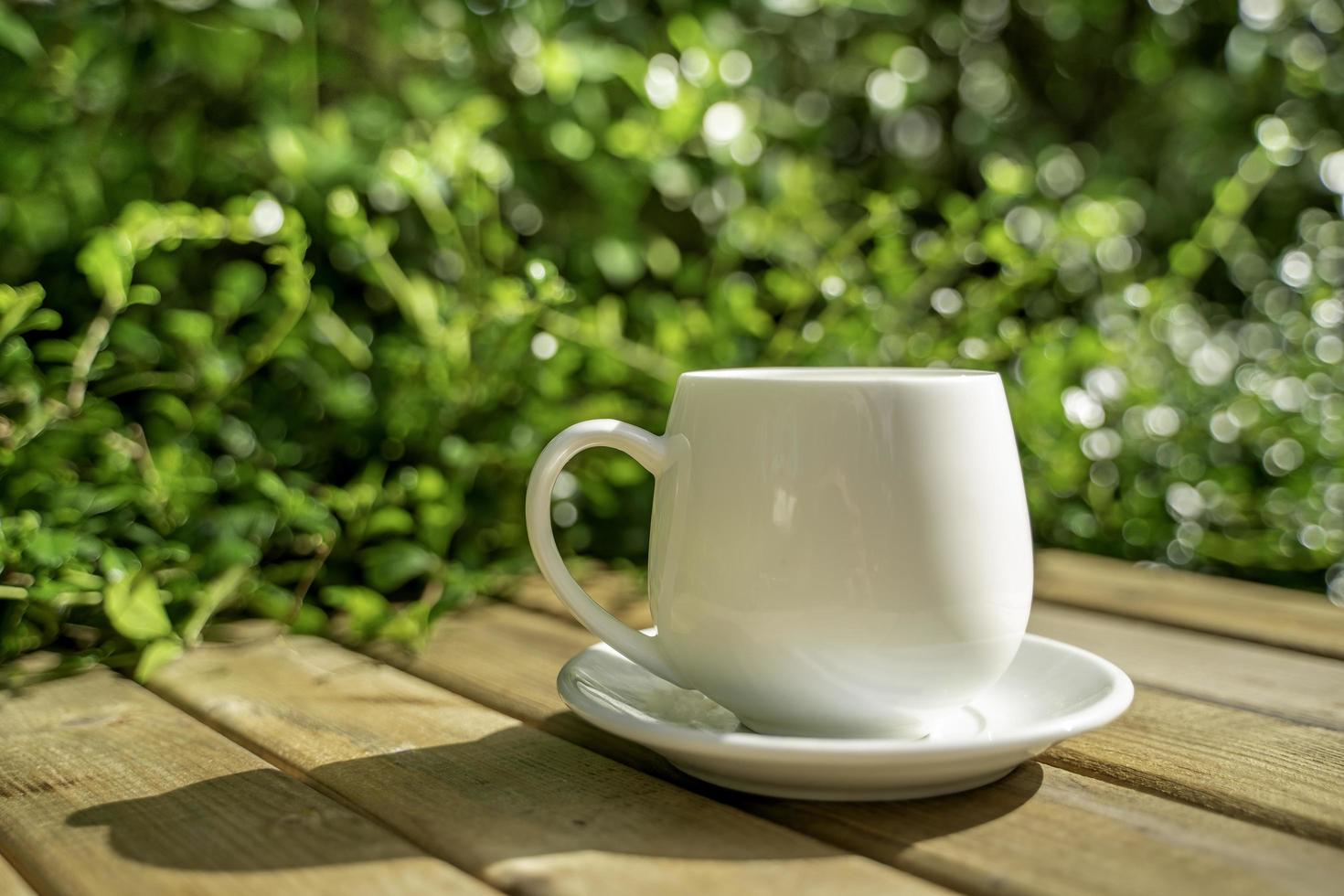 white ceramic coffee mug On the wooden floor, green tree bokeh background. soft focus.shallow focus effect. photo