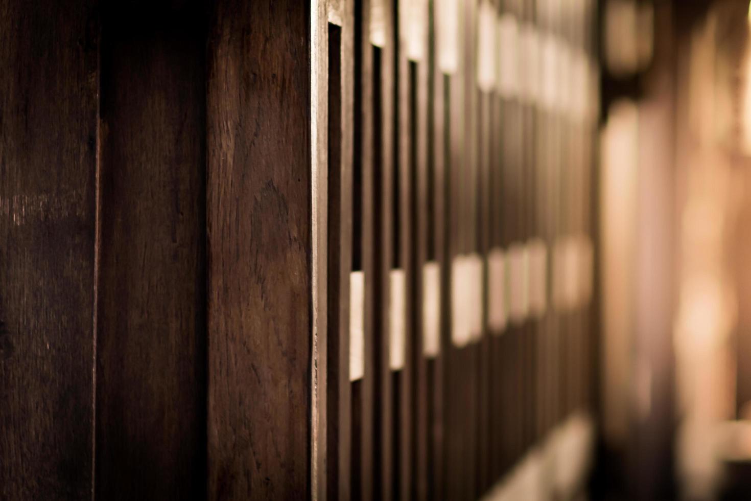 Shallow depth of field shot of wall of the ancient Thai wooden house and the evening sun light photo