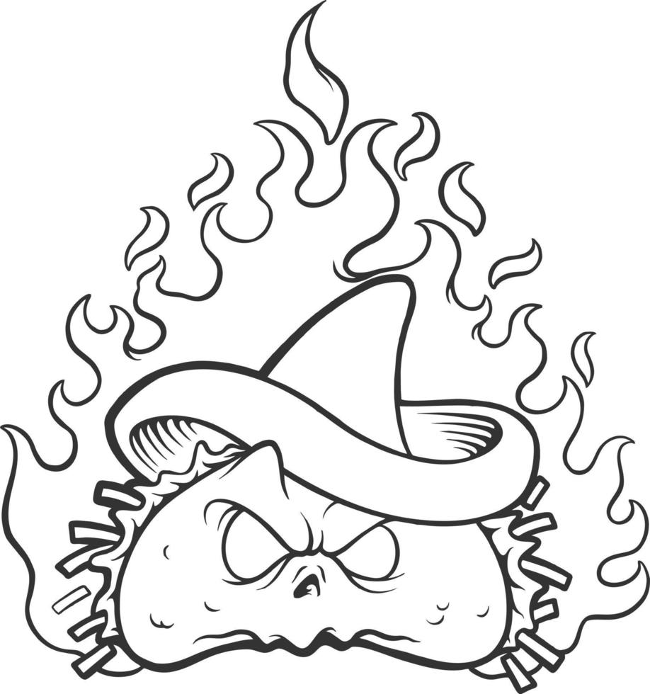 Angry mexican taco on fire monochrome vector