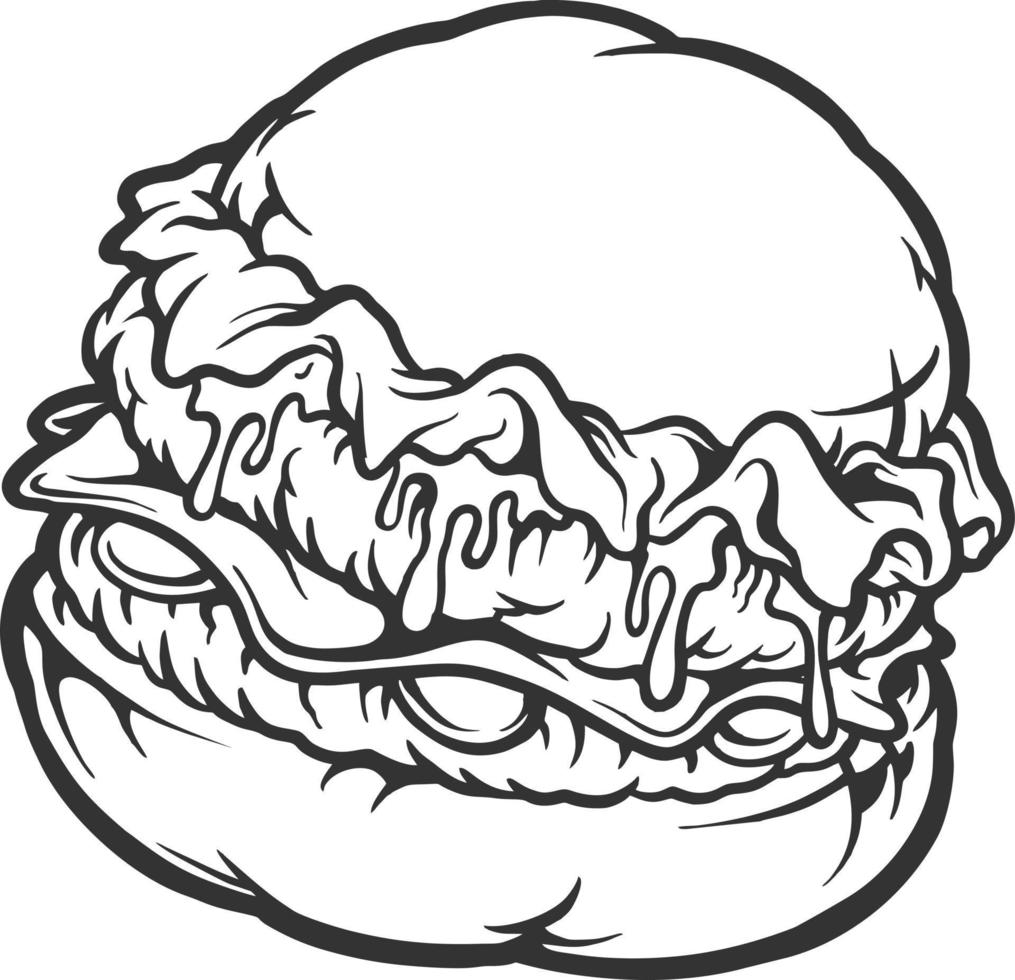 Delicious burger fast food cartoon monochrome vector