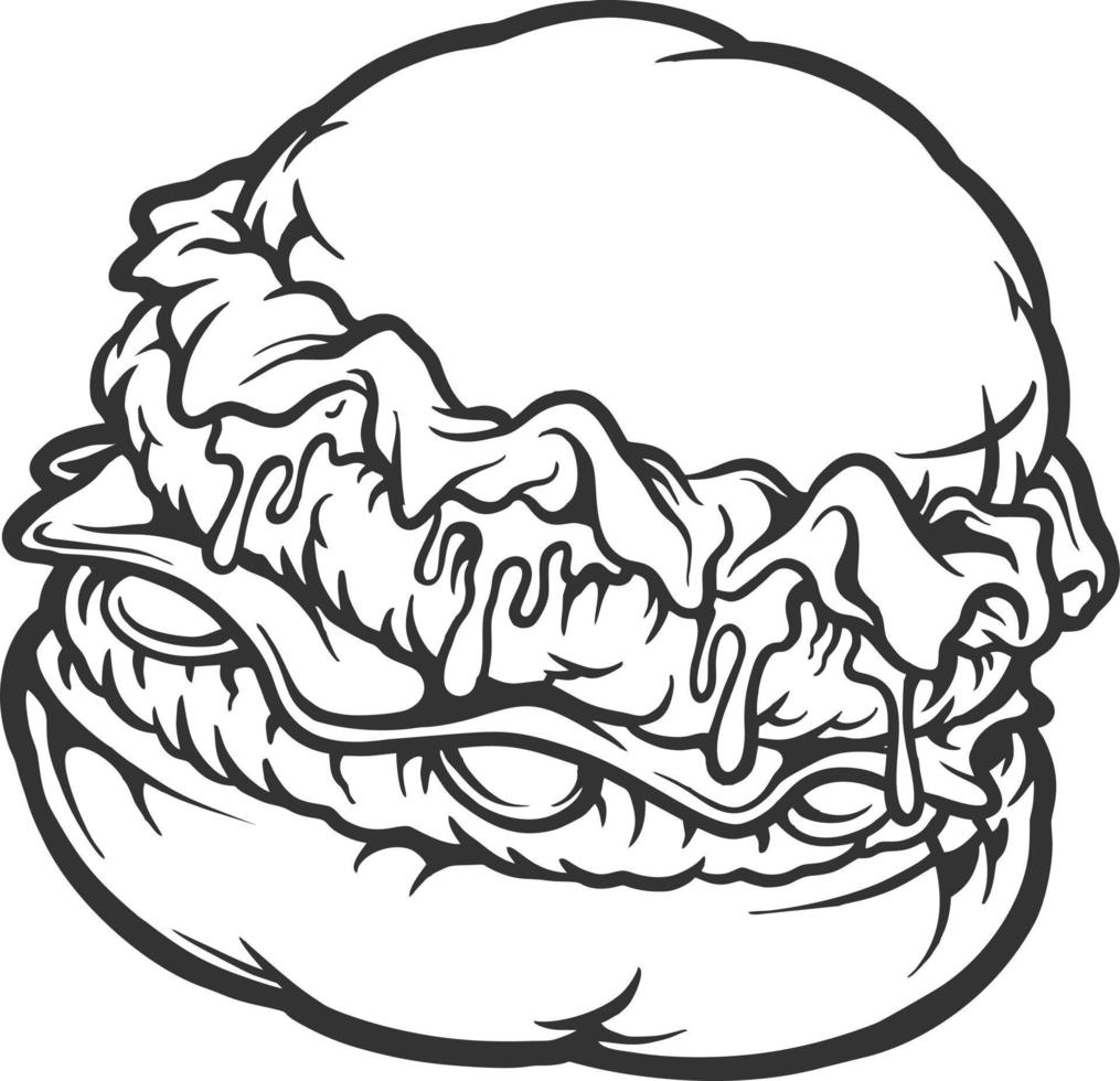 Deliciosa hamburguesa comida rápida dibujos animados monocromo vector