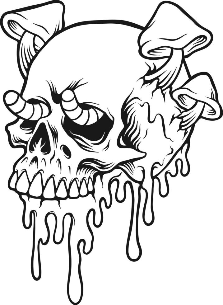 Psychedelic skull mushrooms melted colorful monochrome vector