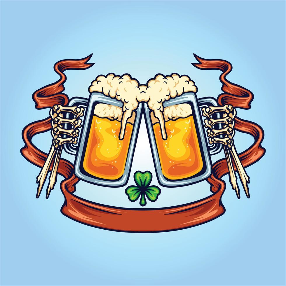 huesos conjunto cerveza aplausos con hojas de trébol cinta insignia ilustraciones vector