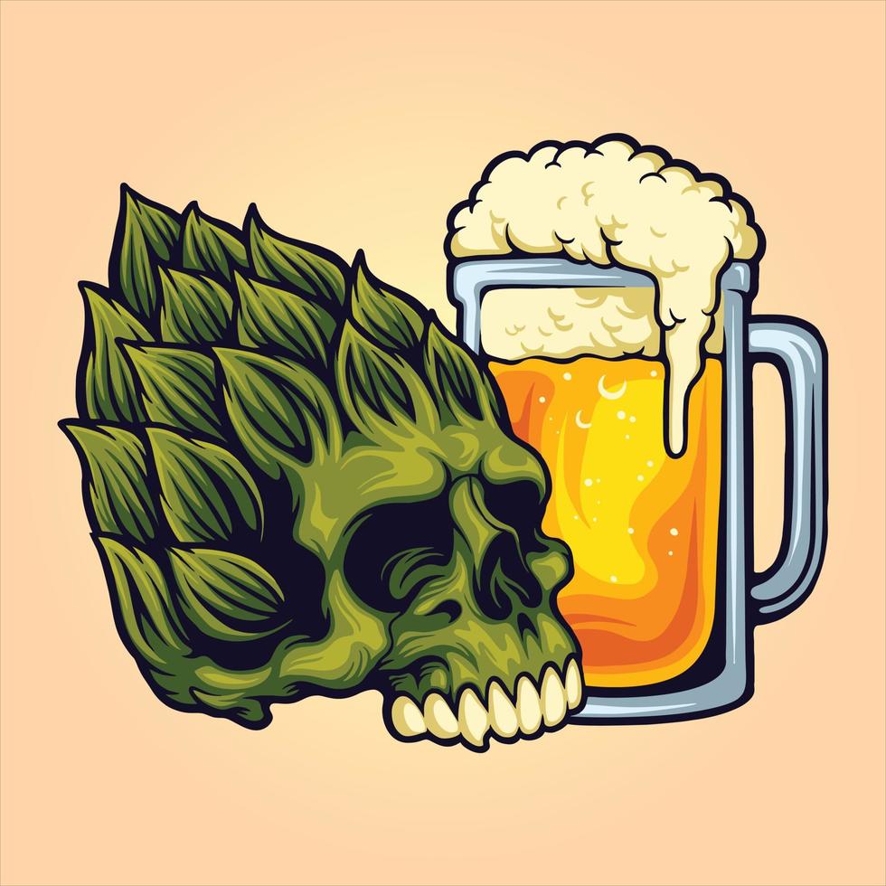 Floral skull head with beer glass Vector illustrations for your work Logo, mascot merchandise t-shirt, stickers and Label designs, poster, greeting cards advertising business company or brands.