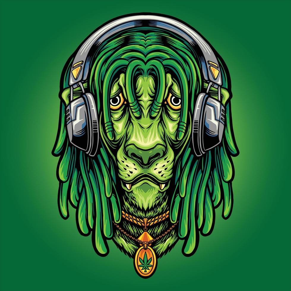 Head Lion Microphone music with weed Cannabis leaf necklace Illustrations vector