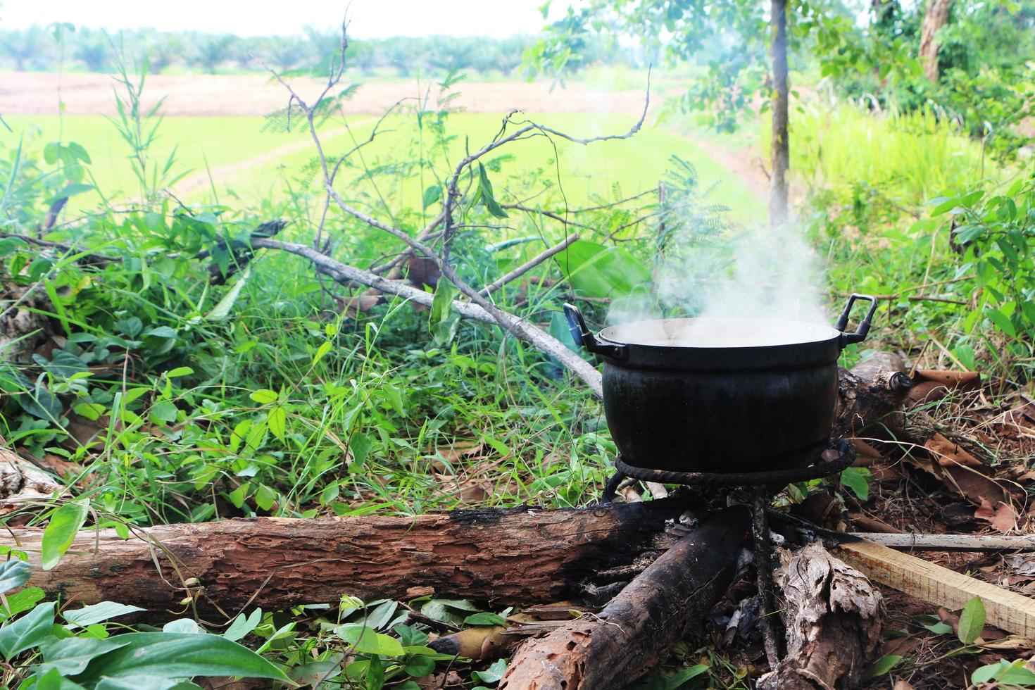 Cooking pot with steam on the ancient burner. photo