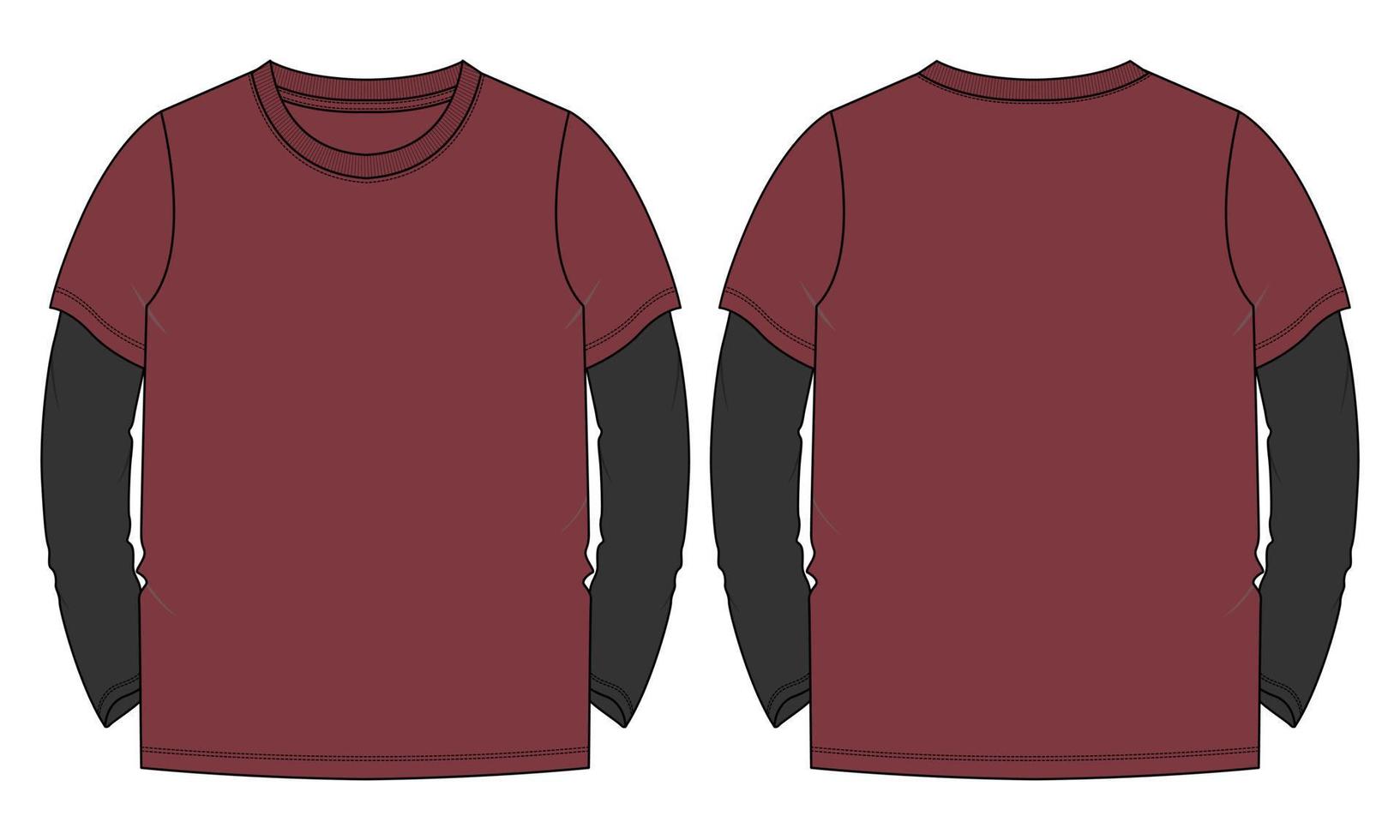 Two tone color long sleeve t shirt technical fashion flat sketch vector illustration template