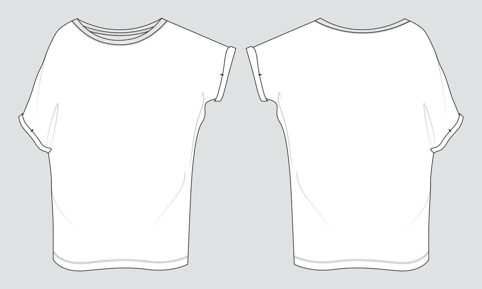 tops de mujer de gran tamaño camisetas planas técnicas de moda boceto vector ilustración plantilla vistas frontal y posterior. maqueta de diseño de ropa para mujer unisex cad.