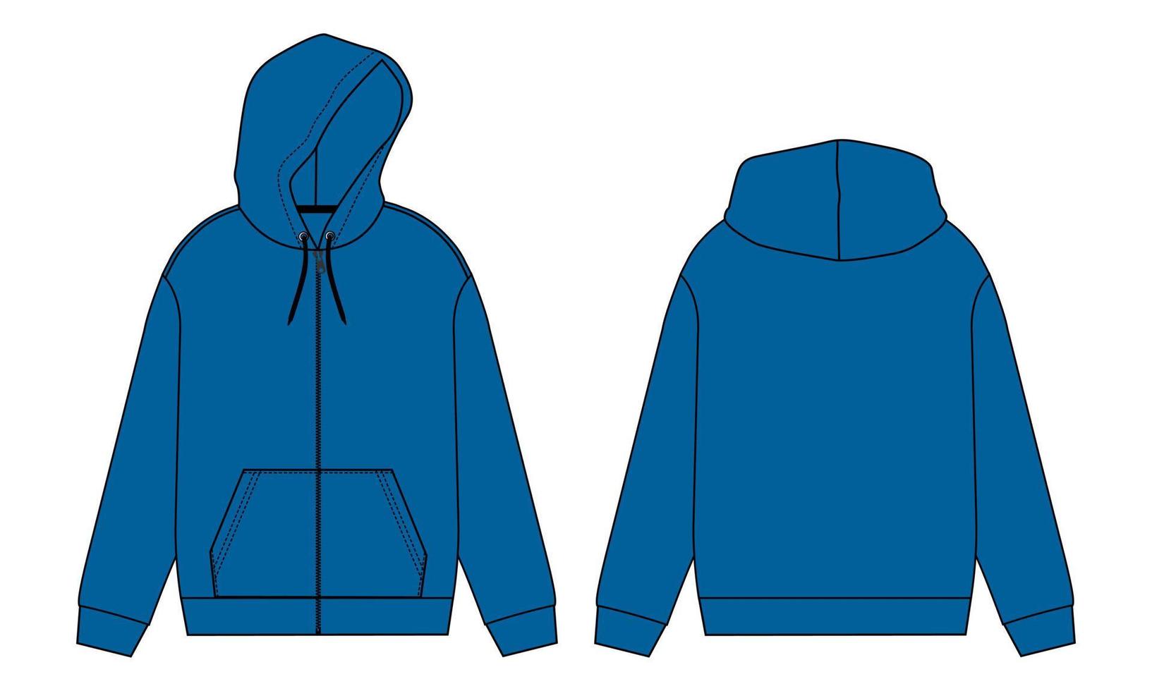 Long sleeve hoodie technical fashion flat sketch vector illustration Blue color template