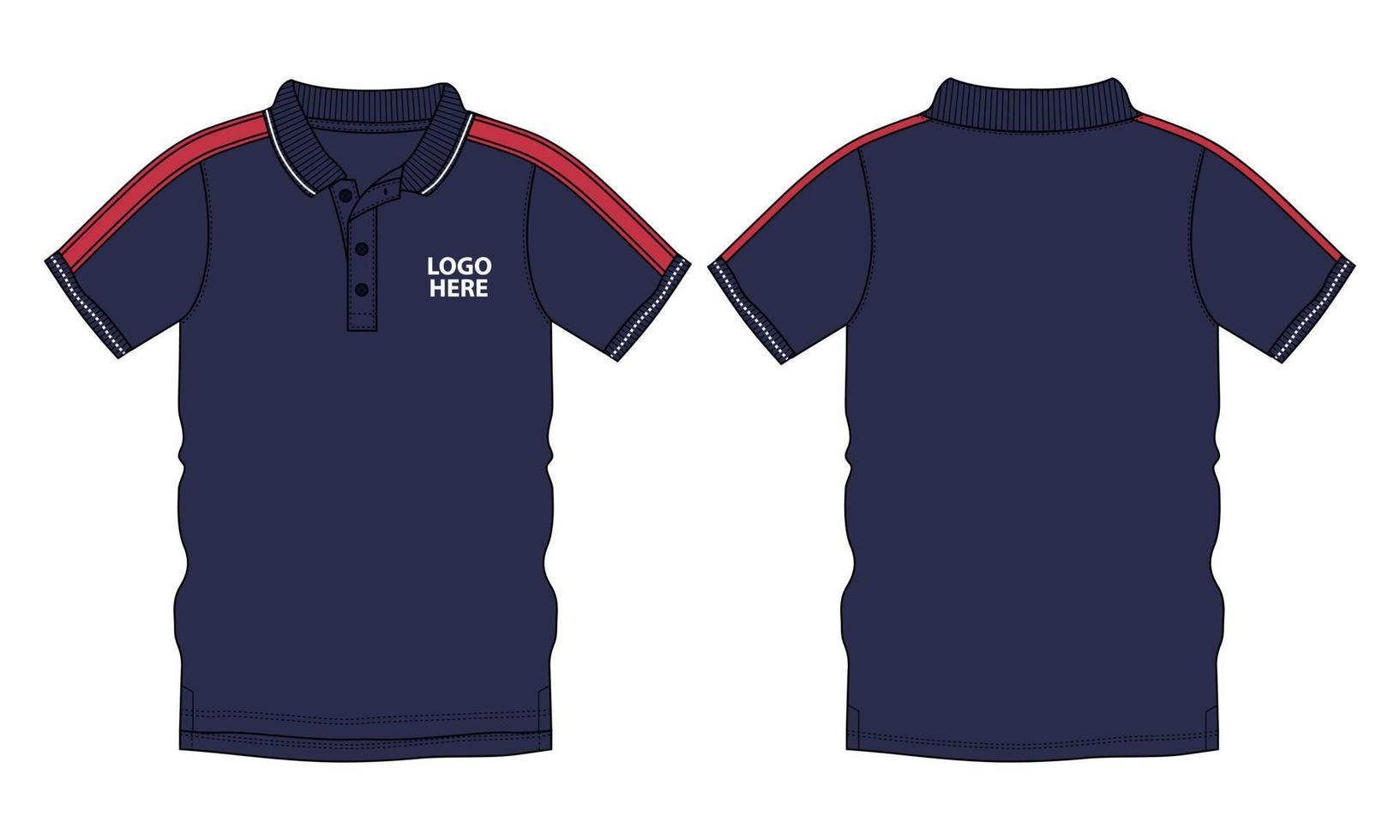Short Sleeve polo shirt technical fashion flat sketch vector illustration navy color template front and back views