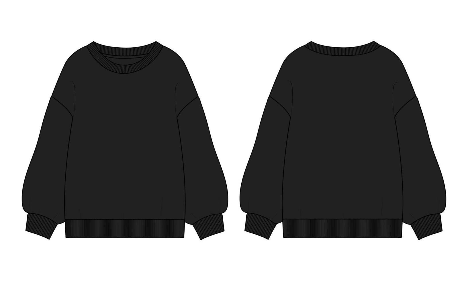 Sweatshirt technical fashion flat sketch vector illustration black Color template for women's