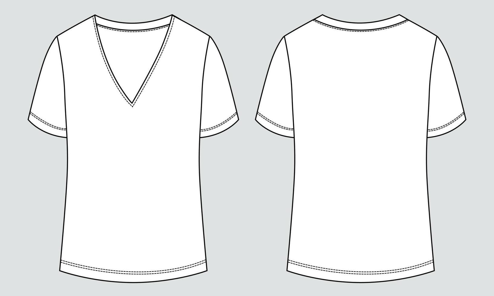 V Neck T shirt Technical fashion flat sketch vector illustration template for ladies