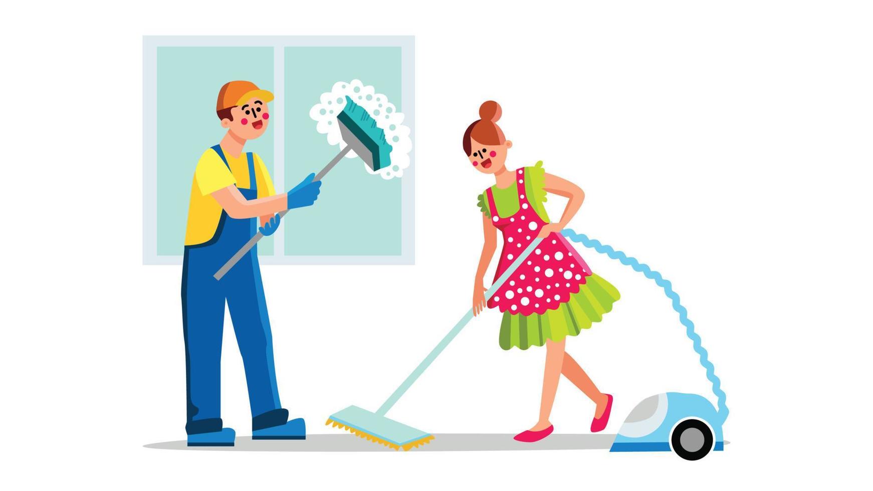 Cleaning Service Employees With Equipment Vector