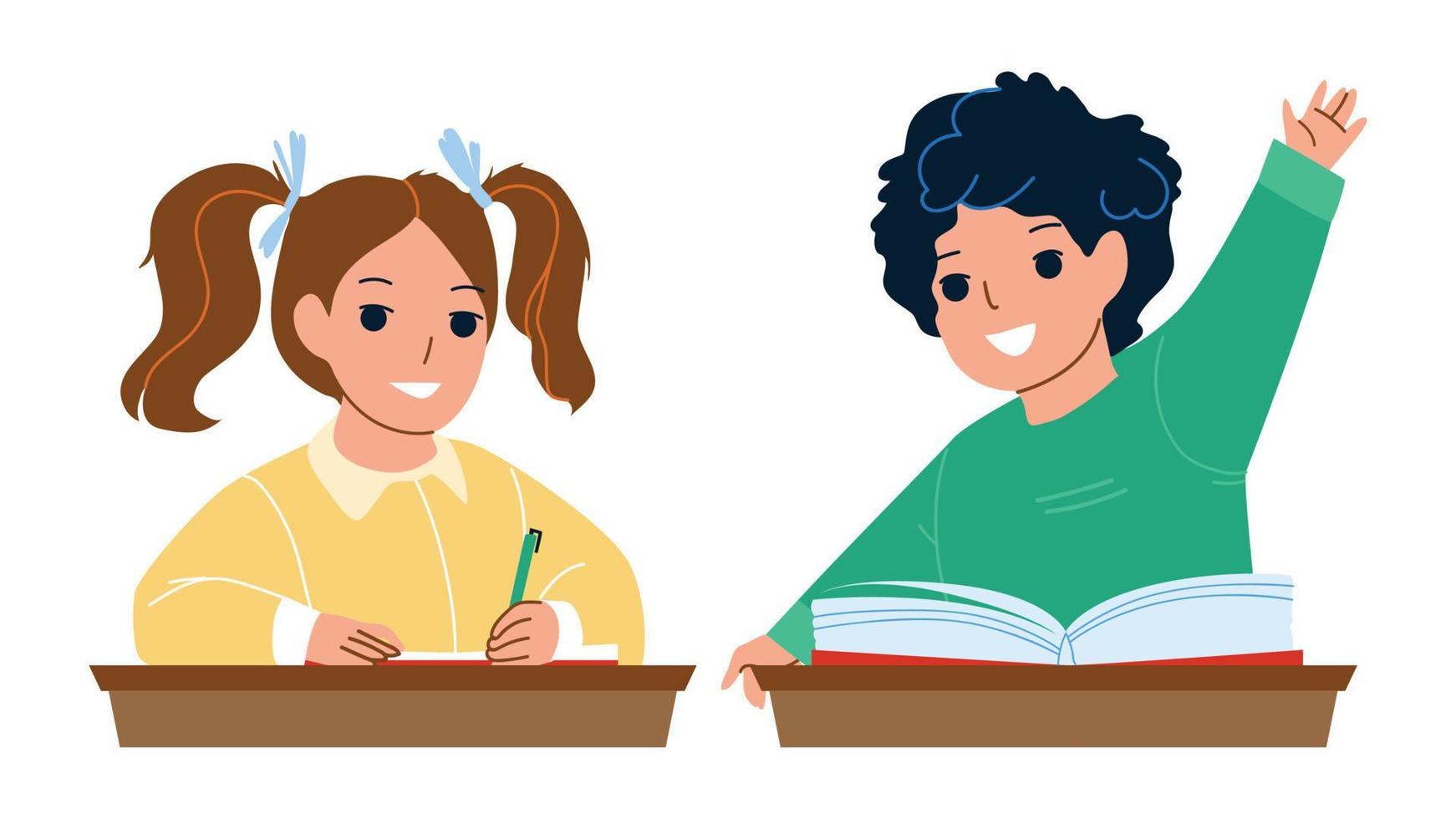 alumnos niño y niña estudiando en el escritorio de la escuela vector