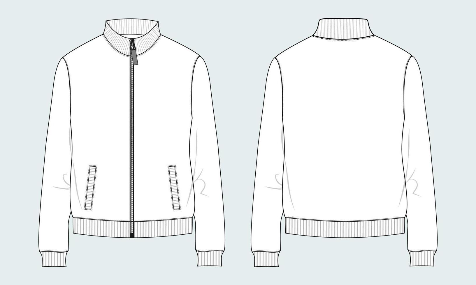 Long sleeve with Long zip fleece jacket  Sweatshirt technical fashion Flat sketch Vector illustration template Front, back views.