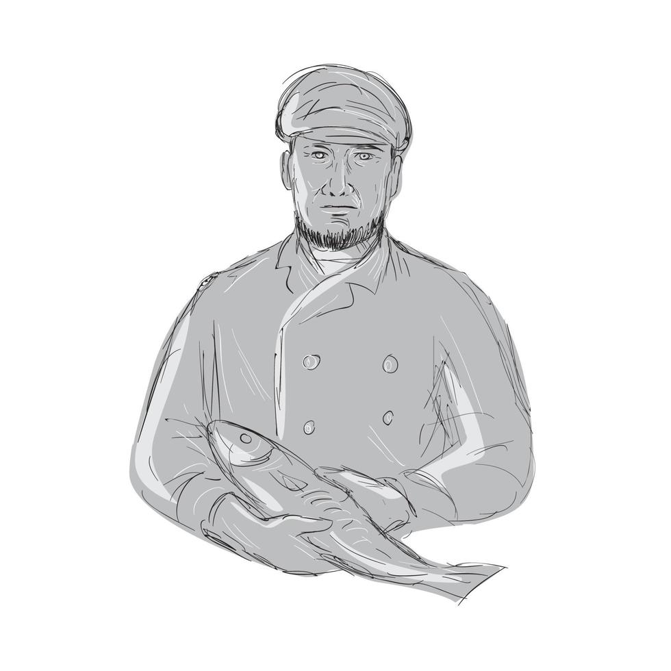 Vintage Fishmonger Holding Fish Drawing vector