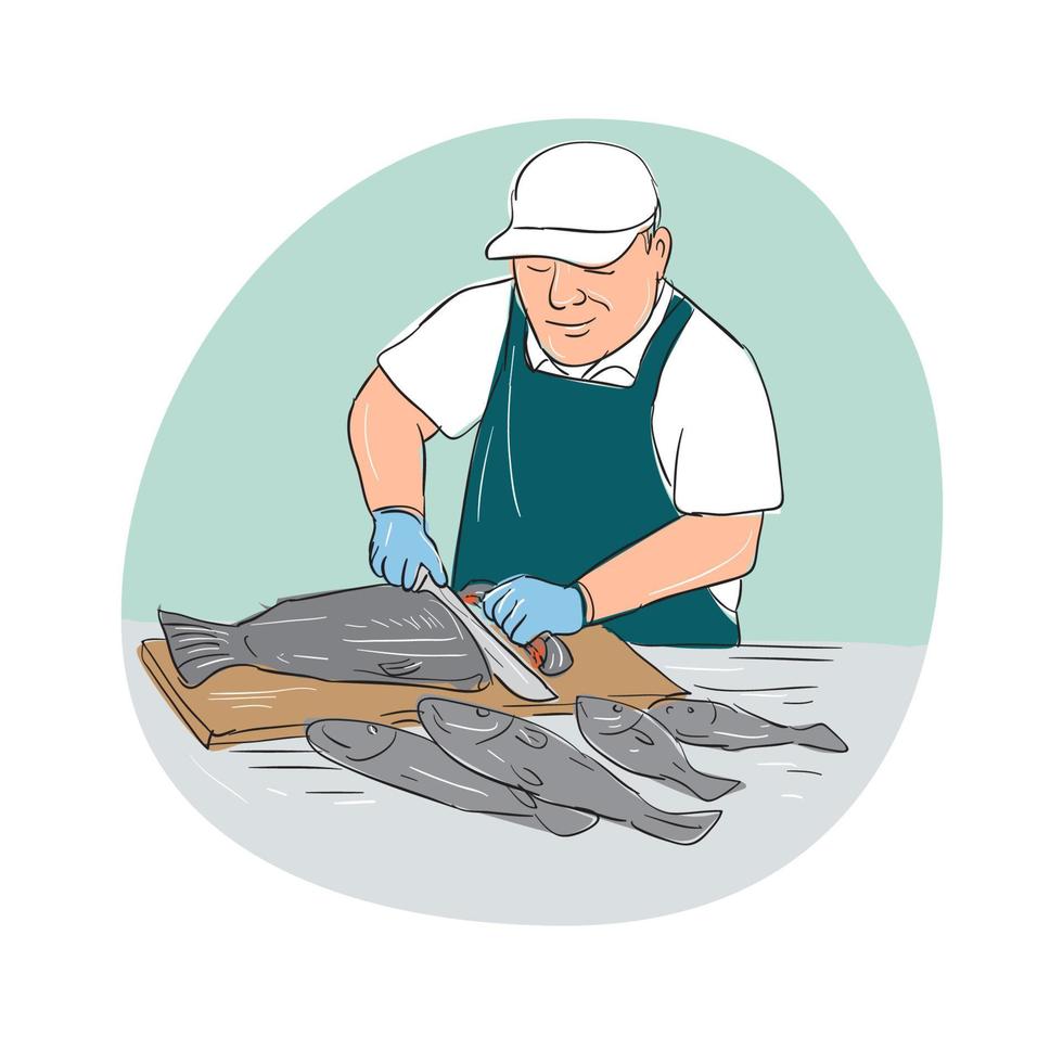 Fishmonger Cutting Fish Cartoon vector