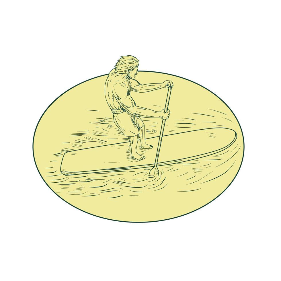 Surfer Dude Stand Up Paddle Oval Drawing vector