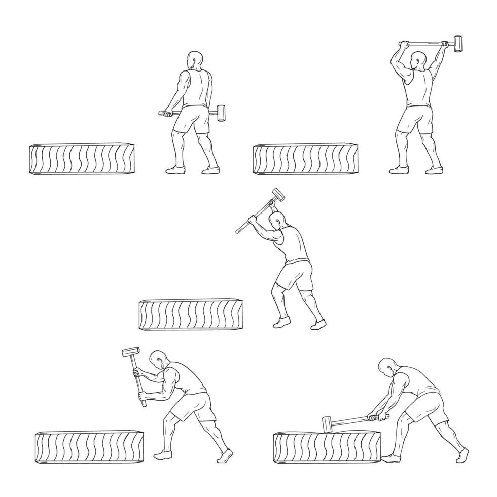 Fitness Athlete Hammer Workout Drawing Set vector