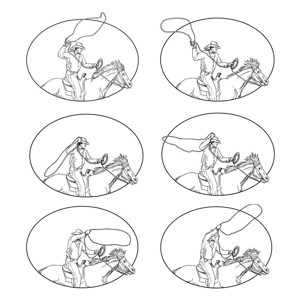 Cowboy Lasso Riding Horse Drawing Collection Set vector