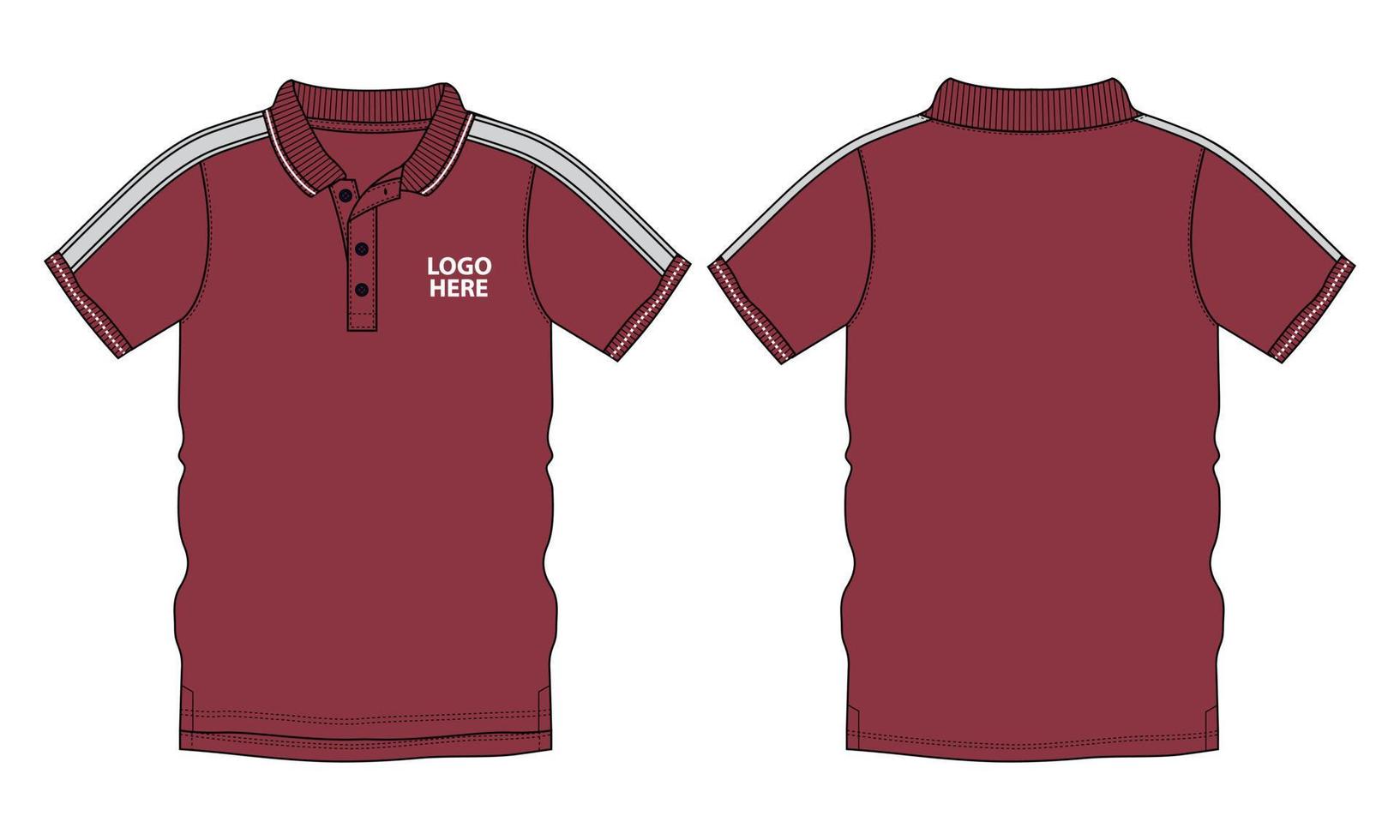 Short Sleeve polo shirt technical fashion flat sketch vector illustration Red Color template front and back views