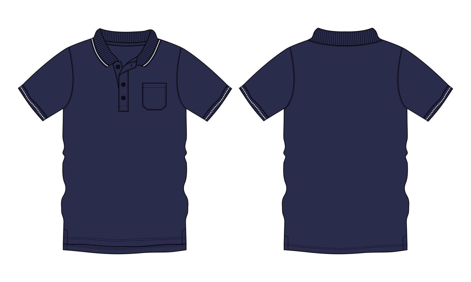 polo de manga corta moda técnica boceto plano ilustración vectorial plantilla de color azul marino vistas frontal y posterior vector