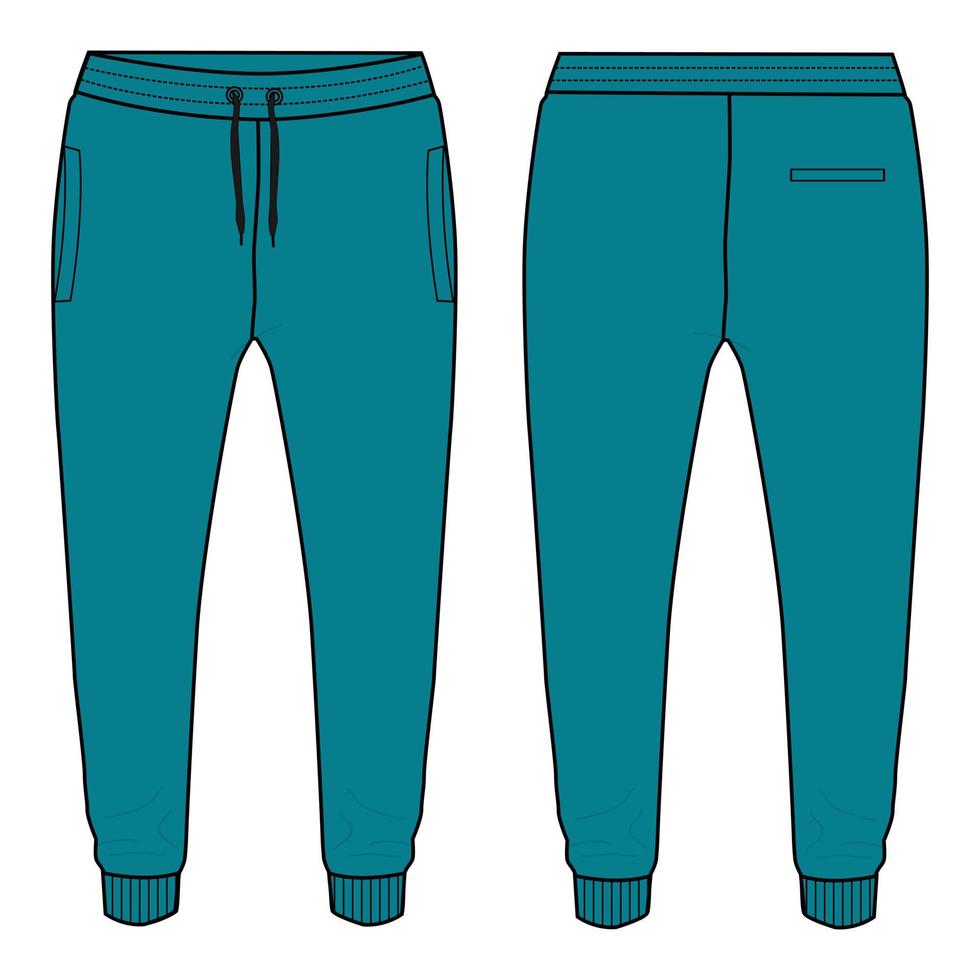 Sweatpants technical fashion flat sketch vector illustration turquise blue color template front back views