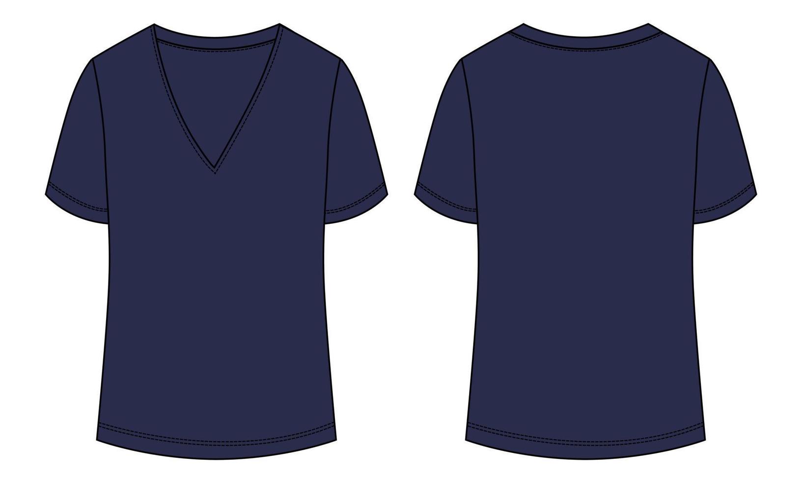 V Neck T shirt Technical fashion flat sketch vector illustration navy Color template for ladies