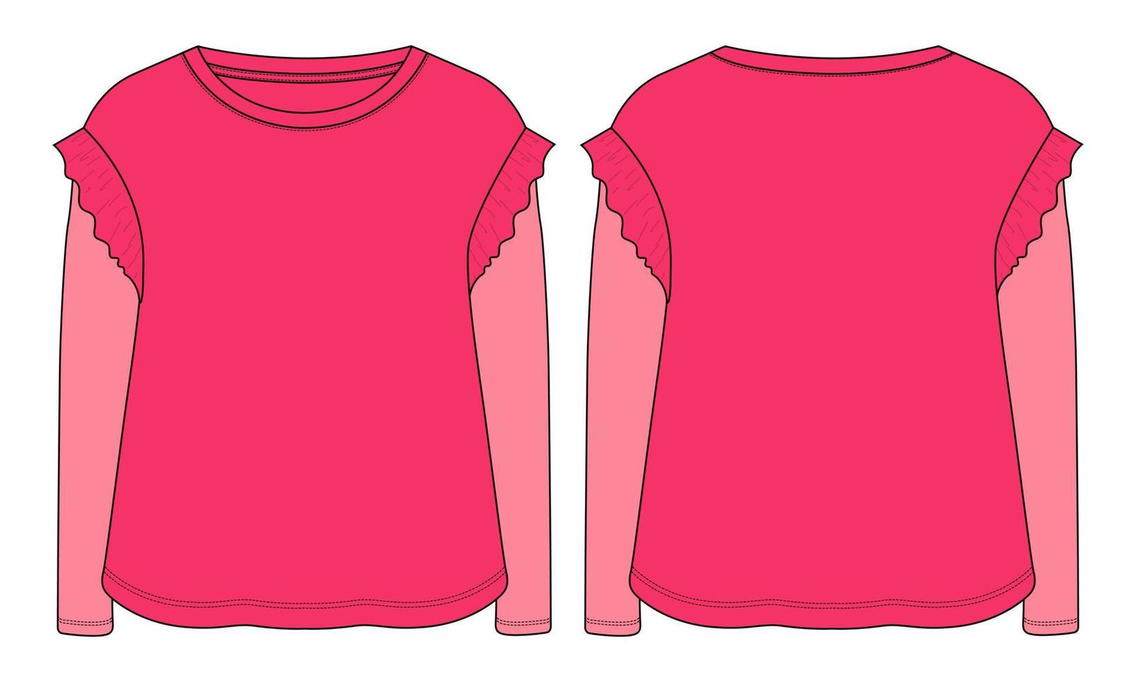 camiseta de manga larga tops moda técnica boceto plano ilustración vectorial plantilla de color rosa para niñas vector