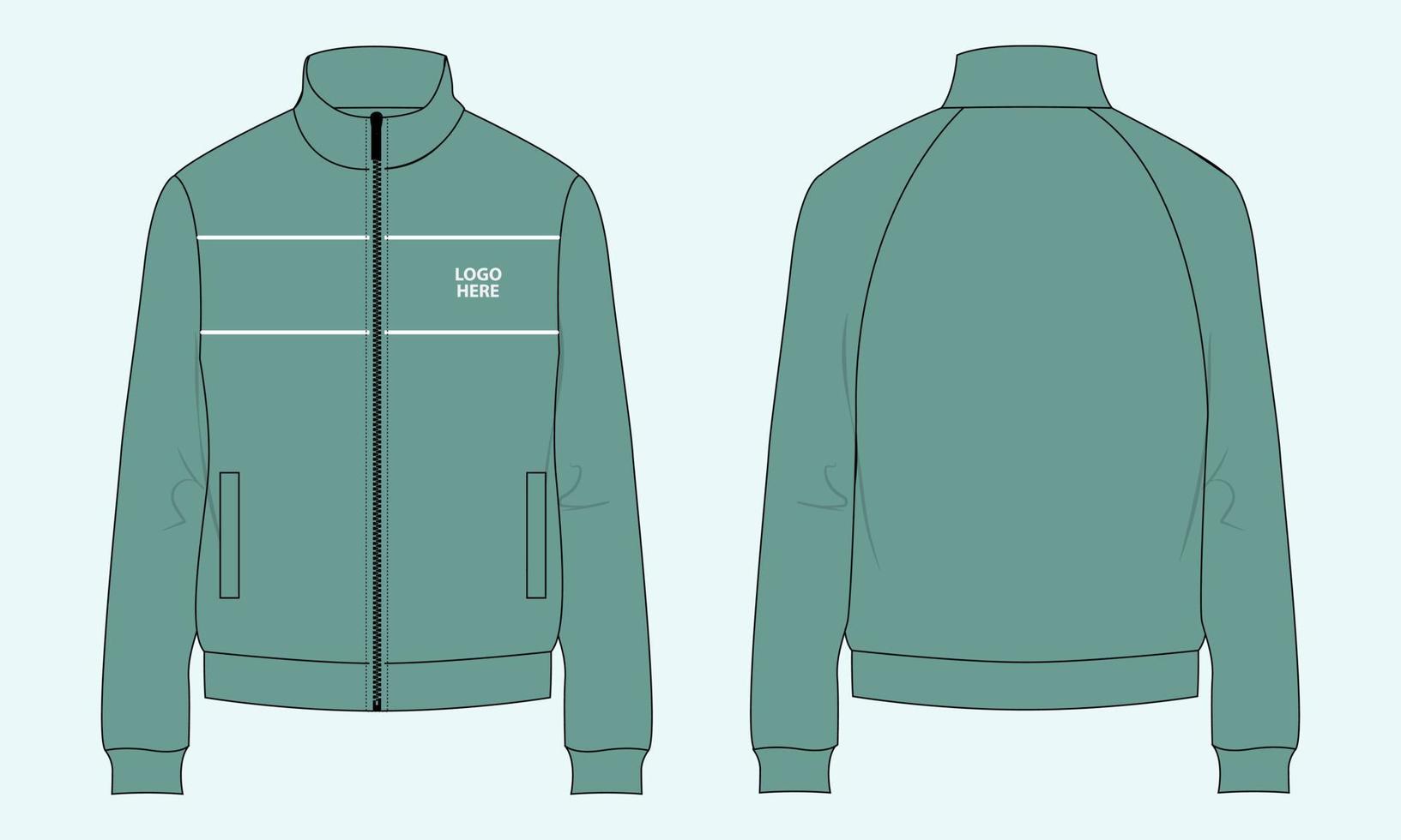 Long Sleeve Jacket Sweatshirt technical fashion flat sketch vector illustration green color template