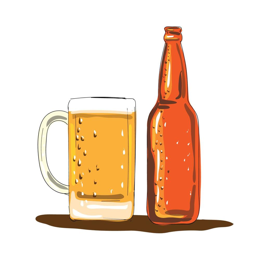 botella de cerveza artesanal y taza acuarela vector