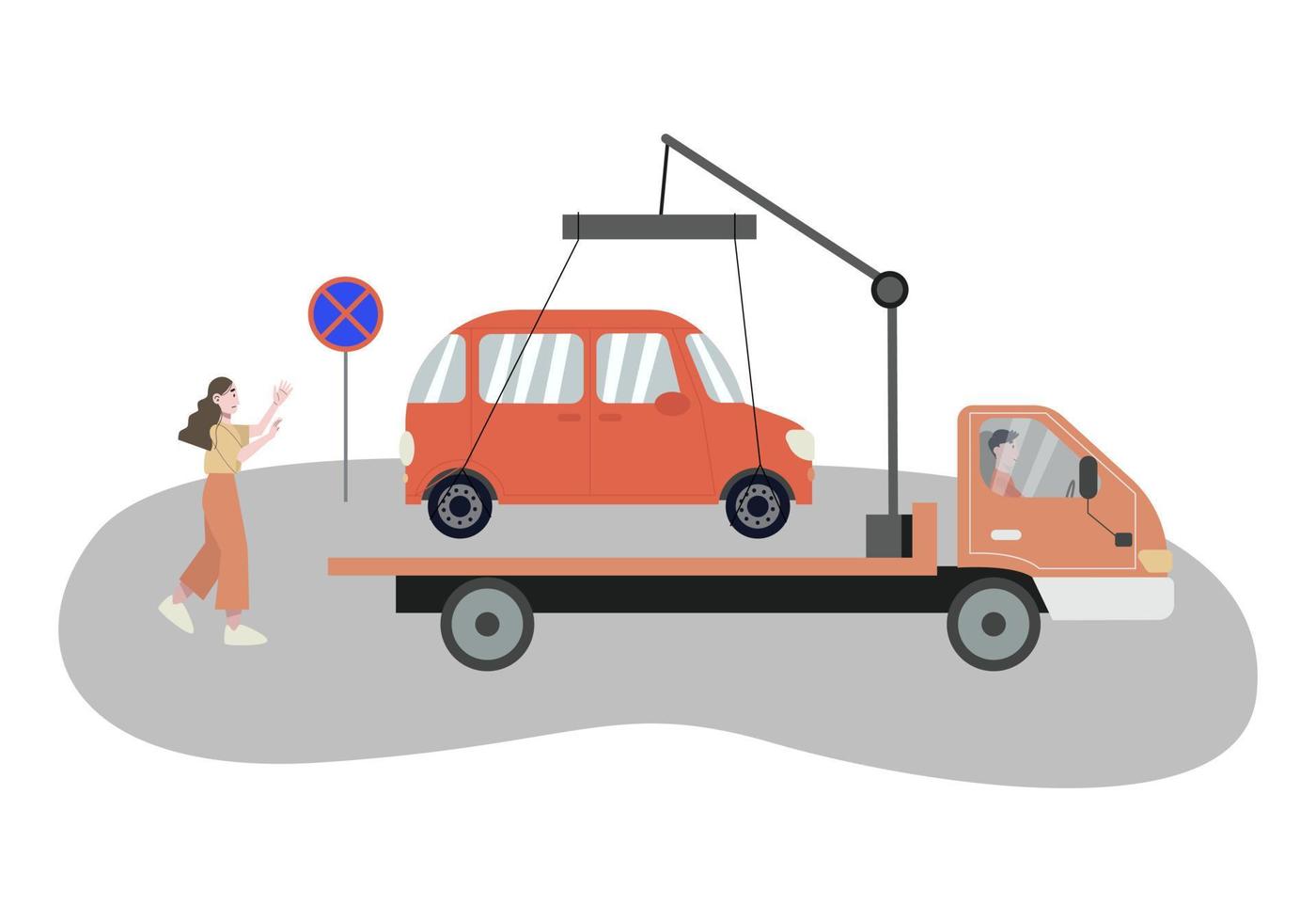 Tow truck take away a car. Woman running the car. Parking is prohibited. Flat vector illustration.