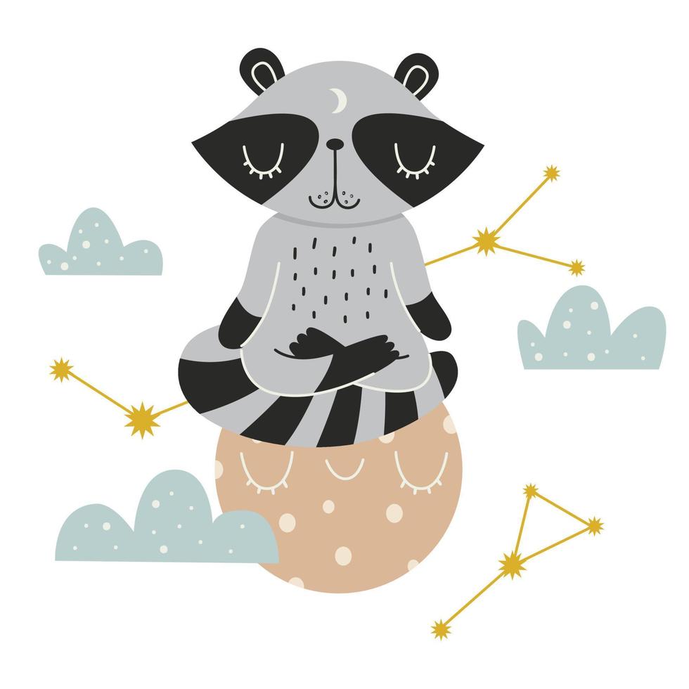 Cute raccoon sitting on the moon in the lotus position. Raccoon meditates. Vector illustration.