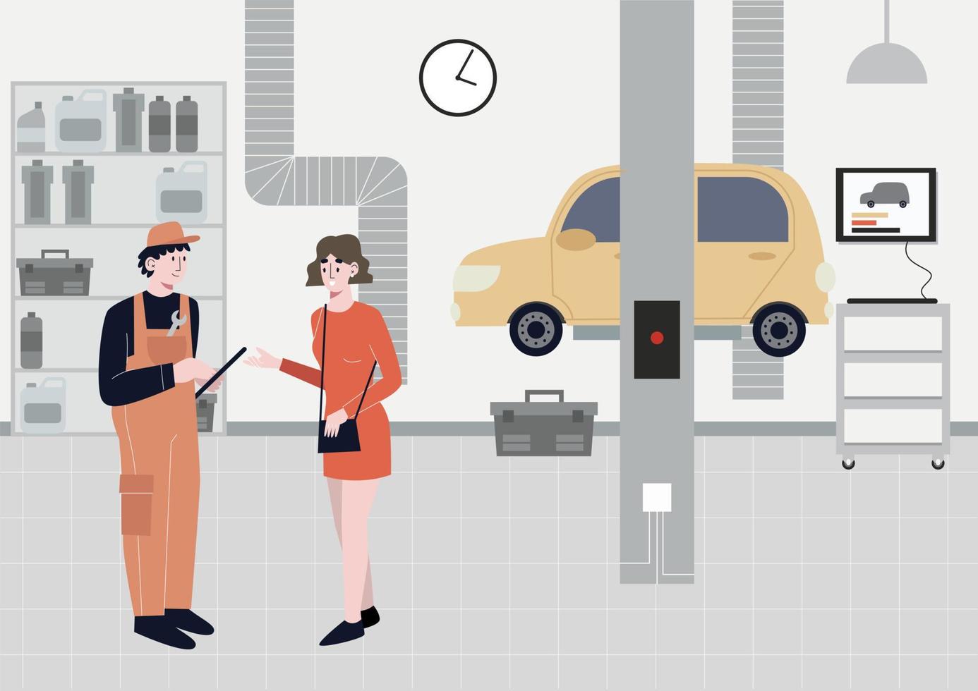 Woman talking to a car mechanic about  car repair. Auto service.  Flat vector illustration.