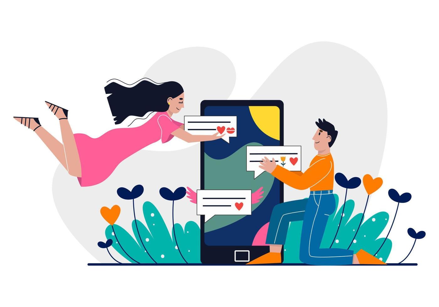 Man and woman chatting online. Online dating. Virtual relationships concept. Love trough internet. Flat vector illustration.