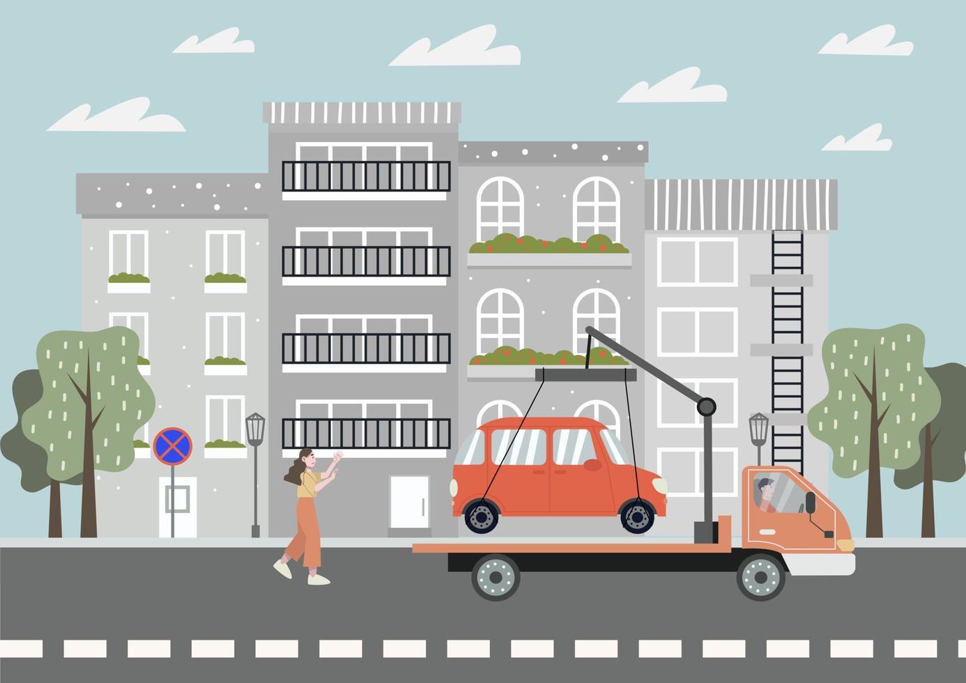 Tow truck takes away a car. Woman running the car. Parking is prohibited. City background. Flat vector illustration.